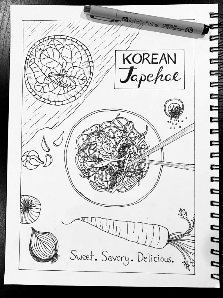 Ideate This: Korean Japchae Ink Illustration for Magazine